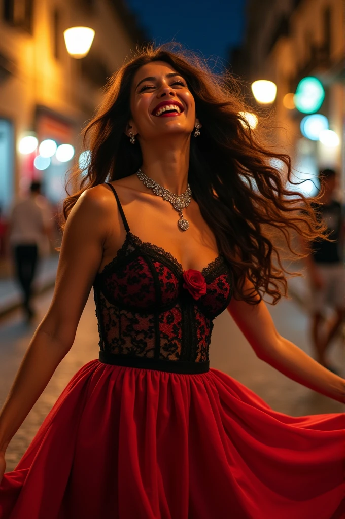 ((best qualityer)), ((work of art)), (detailded), realistic photograph of a woman, Spanish, 4, piercing look, skin tanned, Long lace dress in red and black, voluminous hair, long and loose, with a rose in her hair, wearing a choker on the neck, dancing, spinning and laughing, street background at night