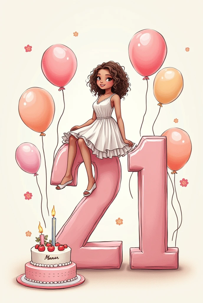 A big girl is sitting on  number 21, wearing a beautiful dress with a covered chest,  balloons behind her, and in front of her a cake with Manar written on it, a 2D drawing with outline 