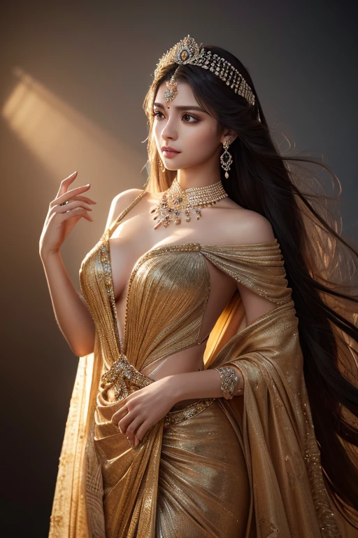 a beautiful goddess, elegant long dress, detailed beautiful face, long flowing hair, detailed hands and fingers, detailed dress folds and textures, detailed jewelry, full body shot, dramatic lighting, cinematic composition, highly detailed, photorealistic, 8k, (best quality,4k,8k,highres,masterpiece:1.2),ultra-detailed,(realistic,photorealistic,photo-realistic:1.37),dramatic lighting,cinematic composition,detailed fabric textures,intricate jewelry,flowing hair,elegant pose