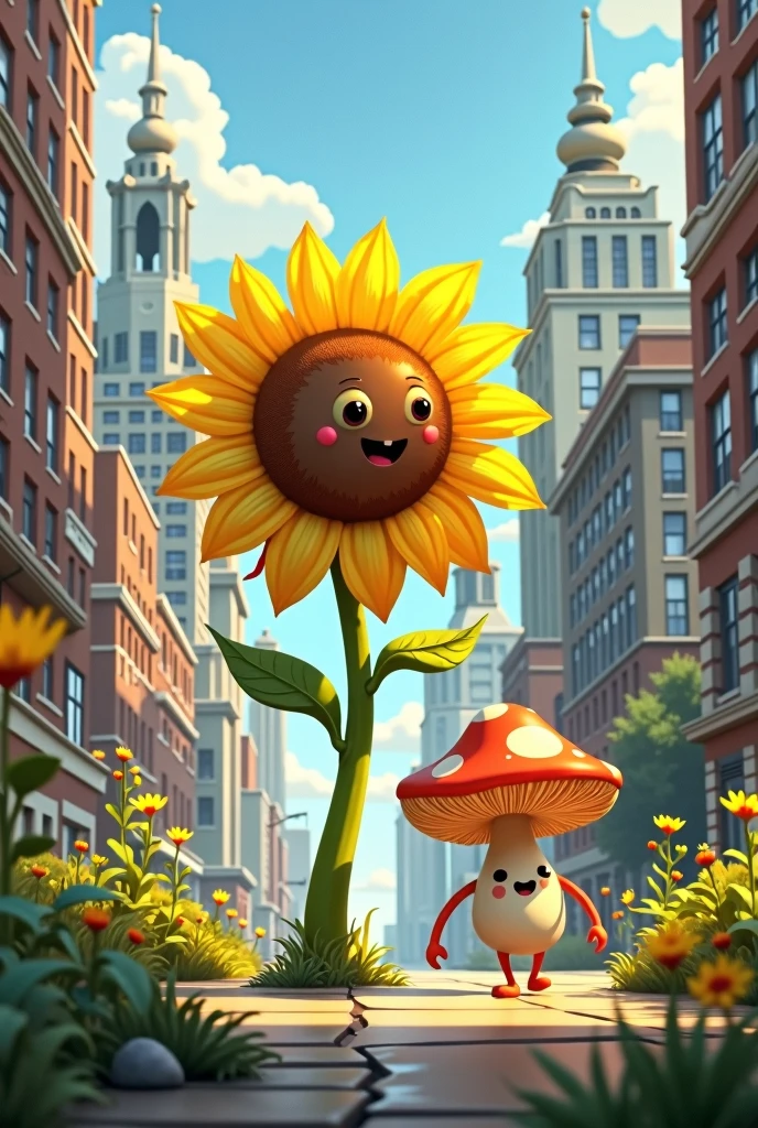 A sunflower and a mushroom walking through the city