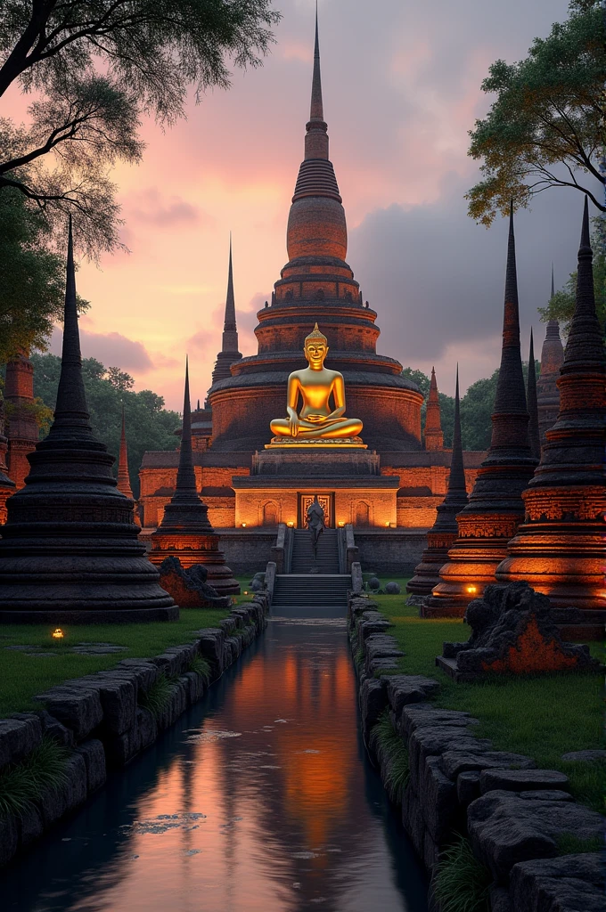 A picturesque scene of Ayutthaya Historical Park at dusk, with ancient temple ruins illuminated by soft lighting. The golden Buddha statues, surrounded by crumbling brick stupas, stand as a testament to the grandeur of the ancient Siamese kingdom. A river flows nearby, reflecting the temple's glow in the water.