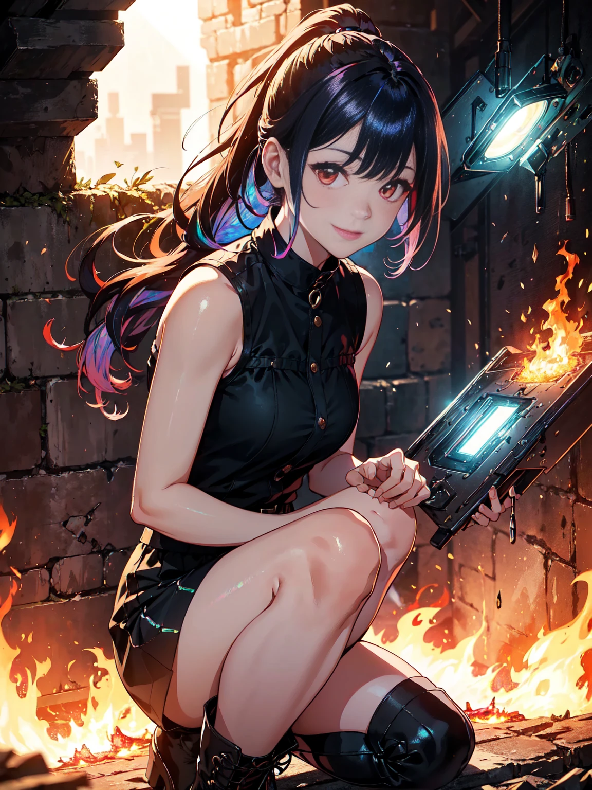 20 years old, long red hair, wears a ponytail, red eyes, always smiling. She dresses in an antique style, wearing a short brown skirt with black shorts underneath, ending above the knees. She wears knee-high brown boots. Her white blouse is sleeveless and features red details. She possesses fire powers and has a fire-themed background. 8k, high quality, full body, (ultra-realistic), {extremely detailed 8k CG unit wallpaper}, expansive landscape photograph, , (light: 2.0), (warm light source: 1.5), complex details, (iridescent colors: 1.5), (bright lighting), (atmospheric lighting), surreal, impressive, fantasy, (Solo: 1.2)
