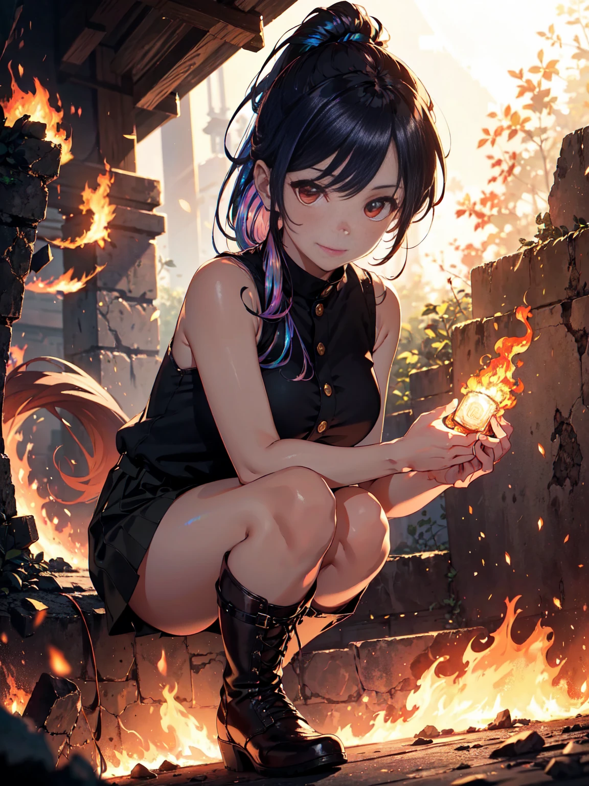 20 years old, long red hair, wears a ponytail, red eyes, always smiling. She dresses in an antique style, wearing a short brown skirt with black shorts underneath, ending above the knees. She wears knee-high brown boots. Her white blouse is sleeveless and features red details. She possesses fire powers and has a fire-themed background. 8k, high quality, full body, (ultra-realistic), {extremely detailed 8k CG unit wallpaper}, expansive landscape photograph, , (light: 2.0), (warm light source: 1.5), complex details, (iridescent colors: 1.5), (bright lighting), (atmospheric lighting), surreal, impressive, fantasy, (Solo: 1.2)
