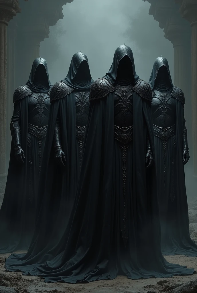 Create four handsome hell soldiers in black armor and capes who are bowing their heads in respect. 
