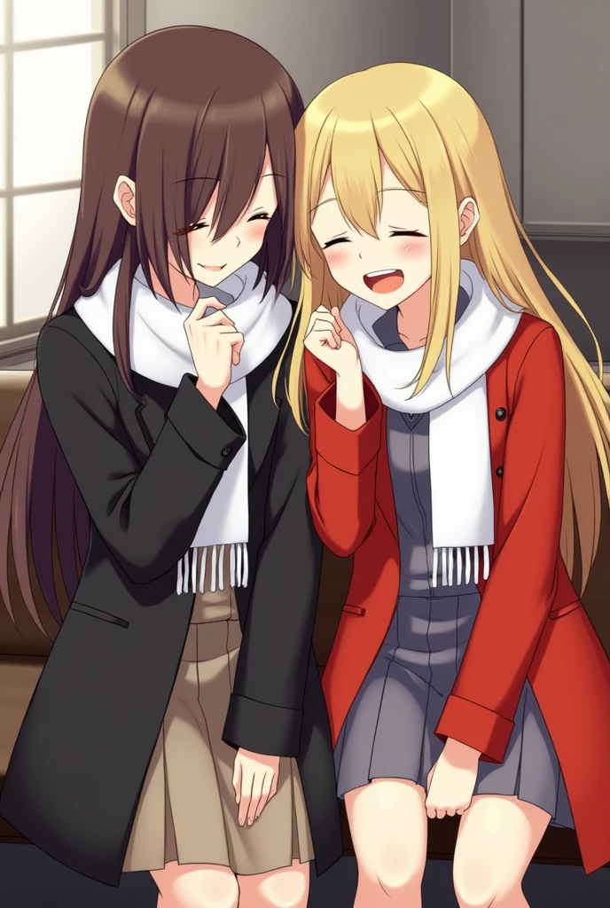 The young woman was wearing a black coat and a white scarf, her long dark brown hair covered her face, beside her was a small notebook, and there was a young woman with long golden hair wearing a bright red coat and a white scarf, and these two young women were sitting together laughing happily.