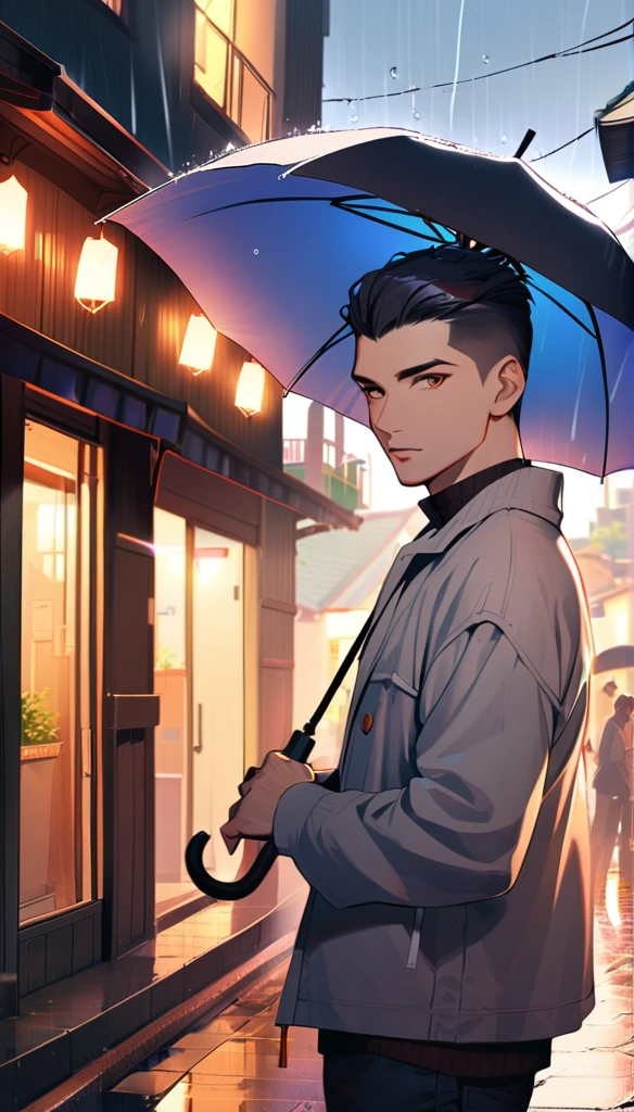 1man, solo, handsome and cute, crew cut, black Hair, brown eyes, light lips, 25years old, (he's holding an umbrella:1.3), standing, raining, residential area with sunshine, cowboy shot