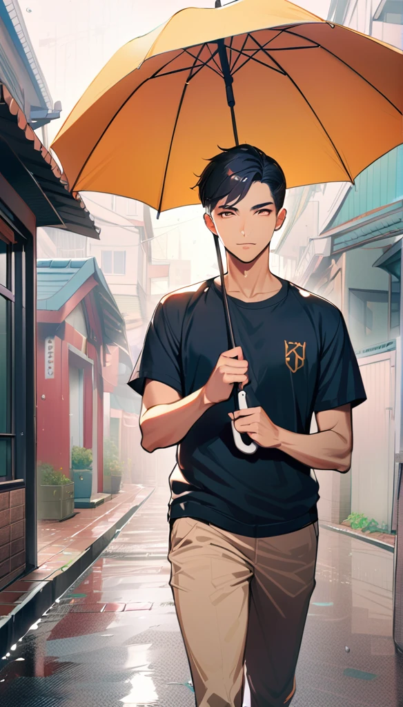 1man, solo, handsome and cute, crew cut, black Hair, brown eyes, light lips, 25years old, (he's holding an umbrella:1.3), standing, raining, residential area with sunshine, cowboy shot