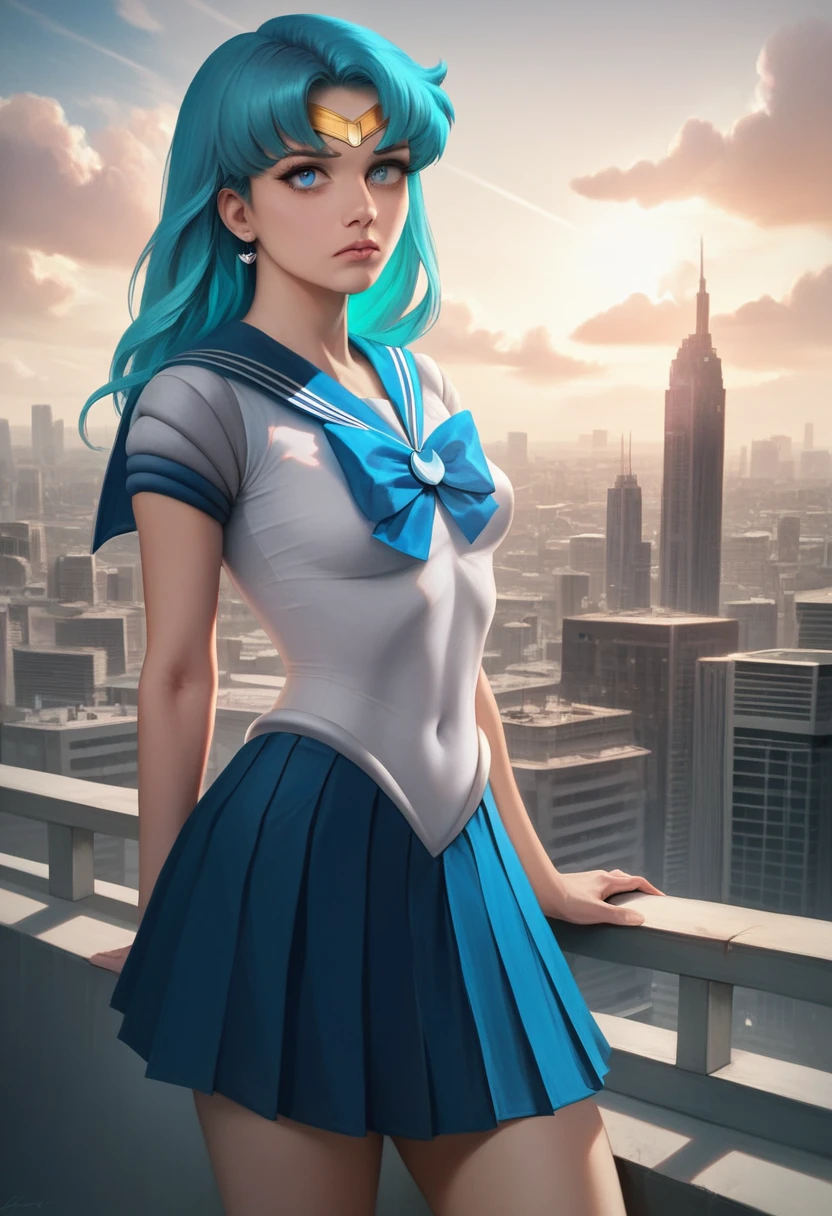 a girl with long blue hair wearing a school uniform,sailor moon style uniform,turquoise hair,aqua blue hair,standing on a rooftop,city skyline in the background,dramatic cloudy sky,sunlight shining through clouds,(best quality,4k,8k,highres,masterpiece:1.2),ultra-detailed,(realistic,photorealistic,photo-realistic:1.37),beautiful detailed eyes,beautiful detailed lips,extremely detailed face and eyes,long eyelashes,sad expression,contemplative pose,looking off into the distance,rooftop railing,cityscape,dramatic lighting,cinematic,moody atmosphere,vibrant colors,azure blue color palette