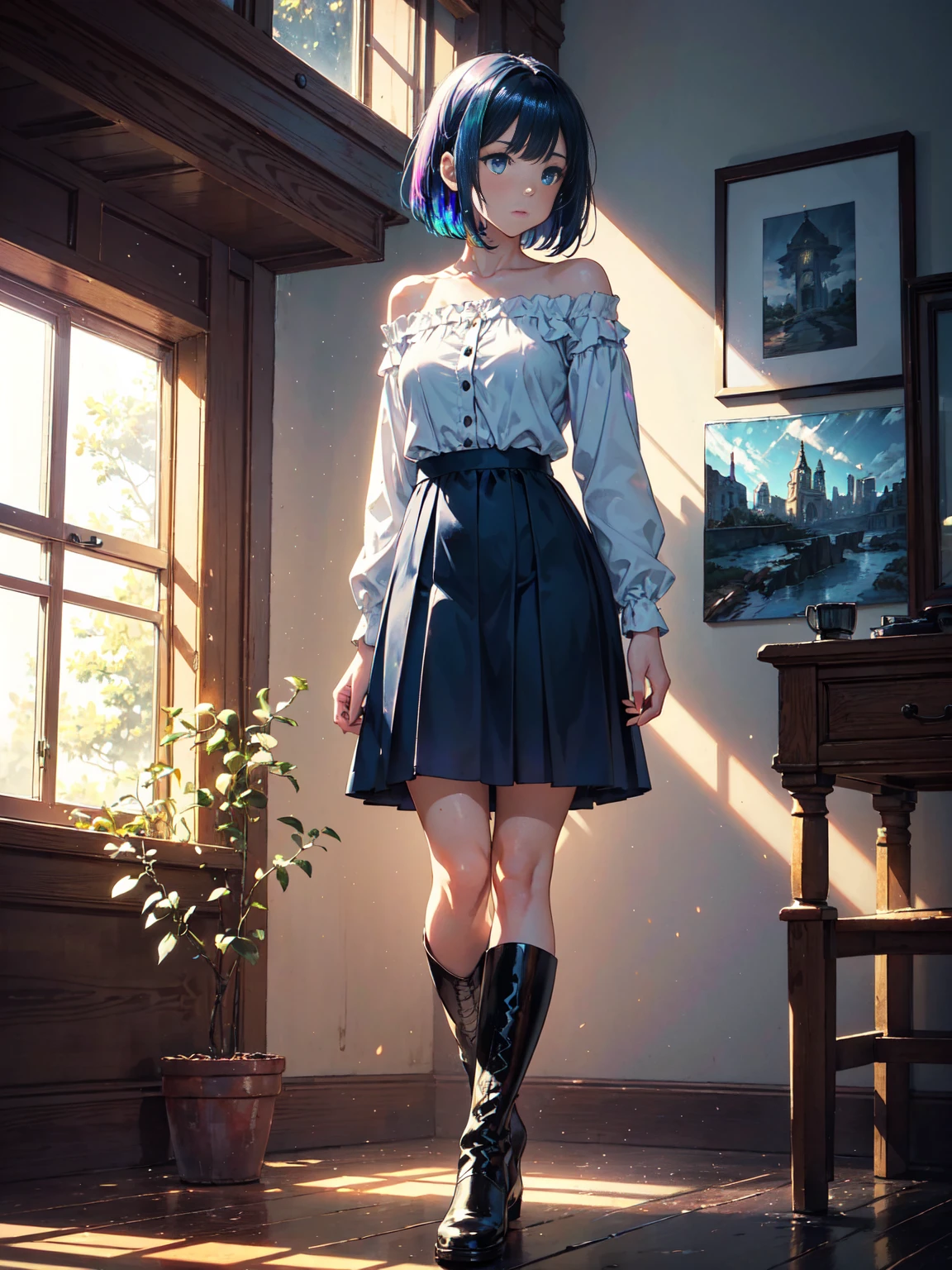 20 years old, with short dark blue hair to the shoulders, a serious yet tender expression, and bright light blue eyes. She dresses in an antique style, wearing a long dark blue skirt that reaches her knees, and small dark brown boots up to her ankles. Her white blouse is long-sleeved, covering her fingers slightly, and falls off one shoulder, leaving it exposed. She possesses water powers and has a water-themed background. 8k, high quality, full body, (ultra-realistic), {extremely detailed 8k CG unit wallpaper}, expansive landscape photograph, (light: 2.0), (warm light source: 1.5), complex details, (iridescent colors: 1.5), (bright lighting), (atmospheric lighting), surreal, impressive, fantasy, (Solo: 1.2)