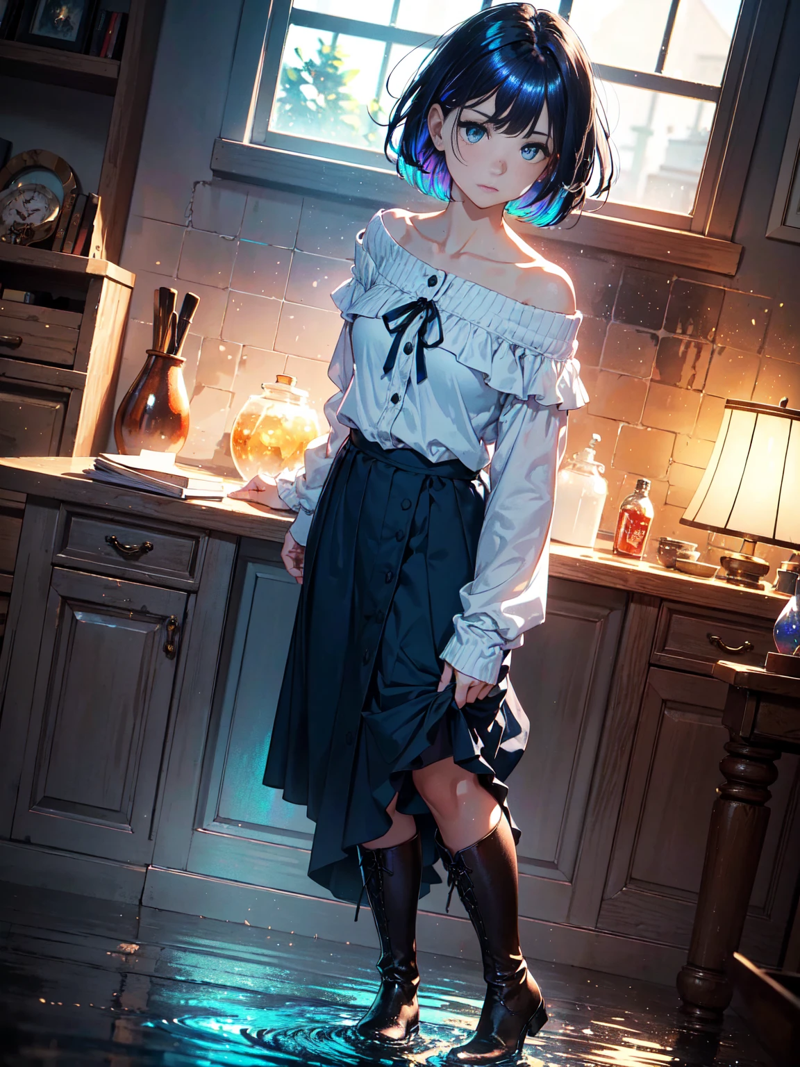 20 years old, with short dark blue hair to the shoulders, a serious yet tender expression, and bright light blue eyes. She dresses in an antique style, wearing a long dark blue skirt that reaches her knees, and small dark brown boots up to her ankles. Her white blouse is long-sleeved, covering her fingers slightly, and falls off one shoulder, leaving it exposed. She possesses water powers and has a water-themed background. 8k, high quality, full body, (ultra-realistic), {extremely detailed 8k CG unit wallpaper}, expansive landscape photograph, (light: 2.0), (warm light source: 1.5), complex details, (iridescent colors: 1.5), (bright lighting), (atmospheric lighting), surreal, impressive, fantasy, (Solo: 1.2)