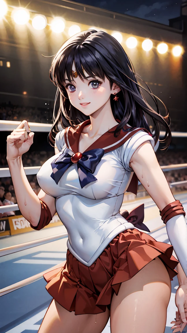 men and women ,expensive,170cm、 (Boxing Ring、Spotlight、A large number of people、Stadium), 、(smile)、Long Hair、They hesitate,Sweaty body、Wet Hair, Underarm, Big Breasts , (expensive色彩彩度:1.0), (Very detailed肌), (Highest quality:1.0), (Ultra-high resolution:1.0) ,(Realistic:1.0), (Very detailed:1.0), (8k, RAW Photos:1.1)、Are standing、Sailor Mars、Red skirt