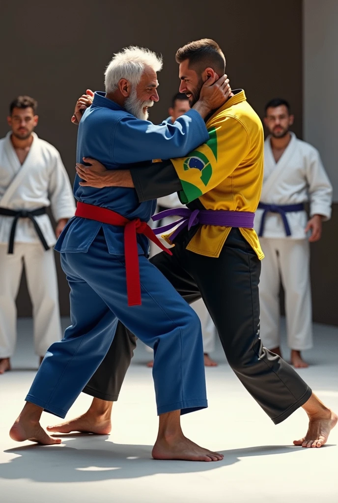 Elderly man wearing a tight-fitting jiu-jitsu kimono in the colors of the Brazilian flag with a red sash tied around his waist, fighting jiu-jitsu with a man wearing a black kimono with a purple belt tied around his waist
,the elderly man is performing a jiu-jitsu kill lion move on the man he is fighting ,They are in a jiu-jitsu school with other students who wear white kimonos with a white belt tied around their waists., on a white mat