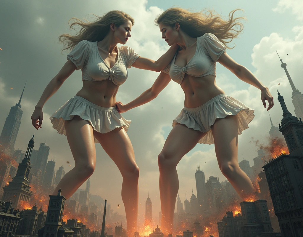 (Giant girl Art), (Super Best masterpiece giant girl Raw Photography Art), (16K, Highest quality, Ultra-high resolution, RAW Photos), (Although it is the real world, It's so unrealistic.), (Very detailed描写の, fight巨人女, Ultra-realistic), (Asian Women, So beautiful and detailed, Perfect female body, Accurate female body structure, Accurate female body movements, Very detailed女体ボディ, Super big breasts), Short sleeve shirt, Short skirt, I can see your pants, Very cute face, (Very detailed描写, Clear and accurate perspective depiction, Ultra-wide field of view, Focus on the average value of the image), (Very detailed, World collapse panic movie depiction), Height 1,000m class giant girl, 2 people, The face and body are identical, fight, Scramble, Catfight, Action Movie, (2 peopleの巨女がミニチュアな街まるごとぶっ壊す描写), 見物客はfightの巻き添えに遭う, Top View