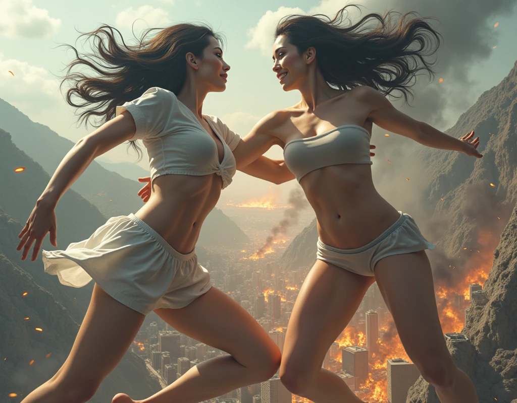(Giant girl Art), (Super Best masterpiece giant girl Raw Photography Art), (16K, Highest quality, Ultra-high resolution, RAW Photos), (Although it is the real world, It&#39;s so unrealistic.), (Very detailed描写の, fight巨人女, Ultra-realistic), (Asian Women, So beautiful and detailed, Perfect female body, Accurate female body structure, Accurate female body movements, Very detailed女体ボディ, Super big breasts), Short sleeve shirt, Short skirt, I can see your pants, Very cute face, (Very detailed描写, Clear and accurate perspective depiction, Ultra-wide field of view, Focus on the average value of the image), (Very detailed, World collapse panic movie depiction), Height 1,000m class giant girl, 2 people, The face and body are identical, fight, Scramble, Catfight, Action Movie, (2 peopleの巨女がミニチュアな街まるごとぶっ壊す描写), 見物客はfightの巻き添えに遭う, Top View