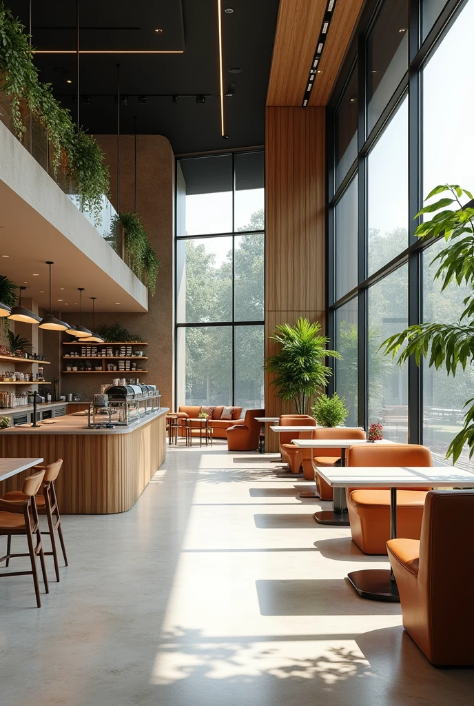 Modern and futuristic coffee shop with space for work and fast service and a large Instagrammable space, photograph with chic green area and large tables
