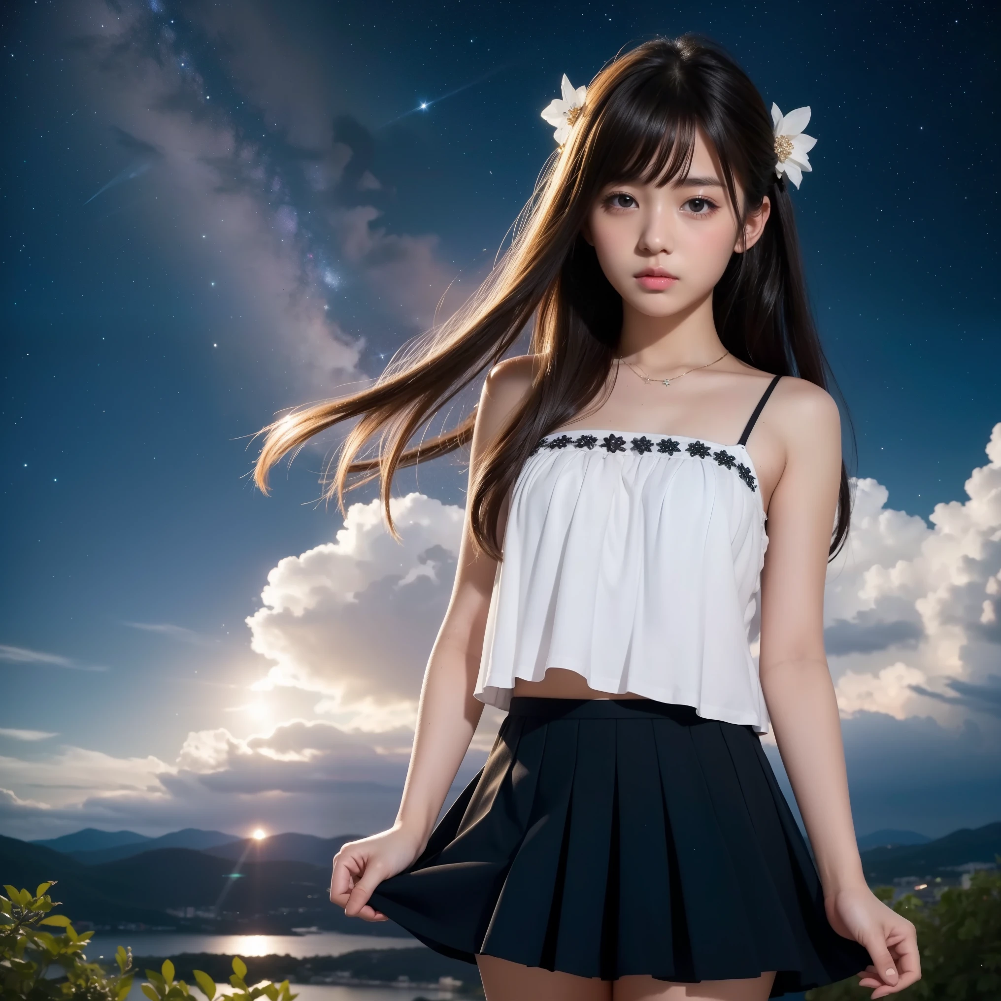 Beautiful images、universe、Fantasy、Start shooting or swarm、Teenage Girl、black eye、Hair length、Starry Sky、Japanese、high school girl、camisole、Fluttering mini skirt、