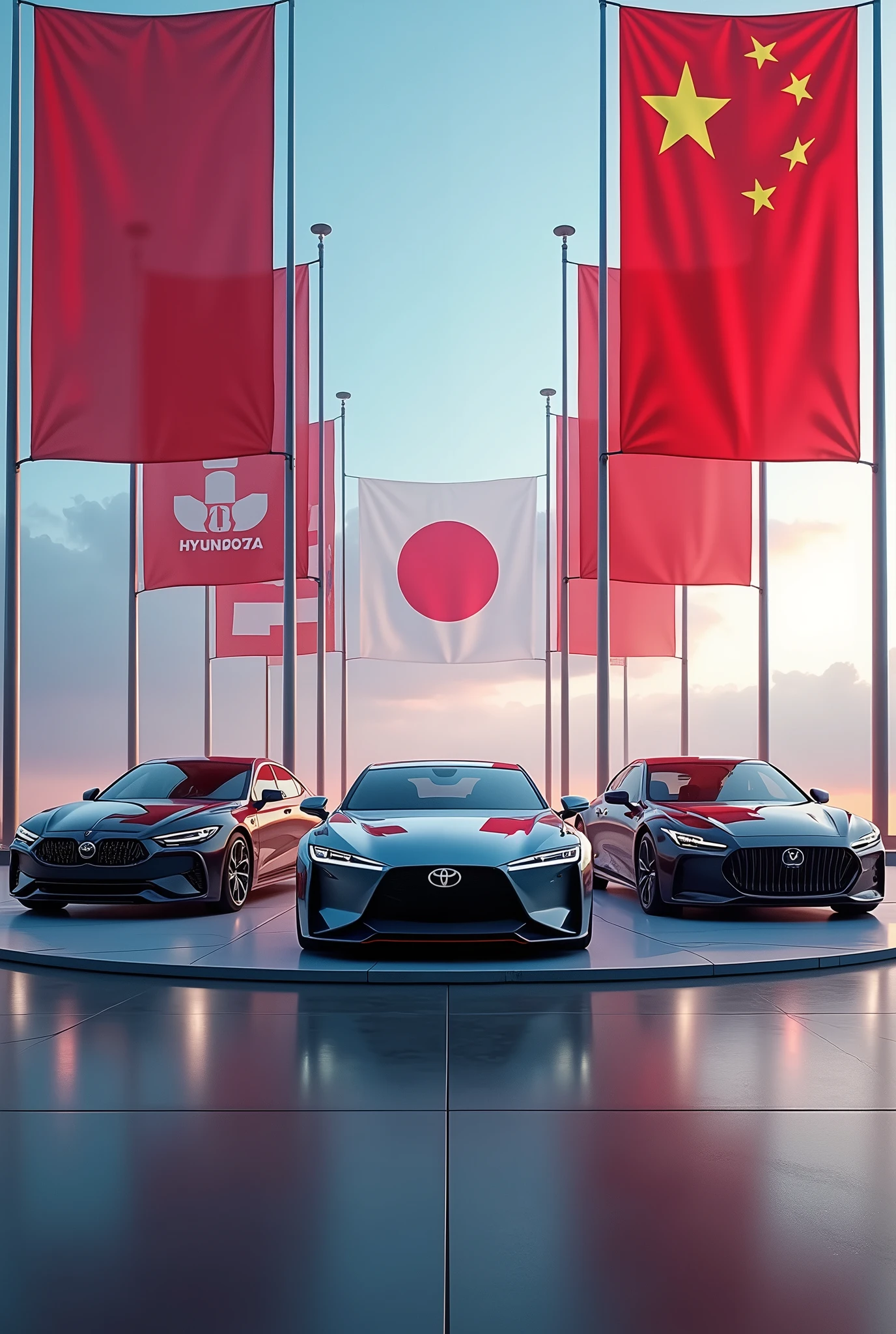 There are three cool beautiful cars on the podium: Toyota, lee l9, Hyundai. Large flags are flying behind the cars: Japanese, Korean and Chinese. 8K, an epic promotional photo.