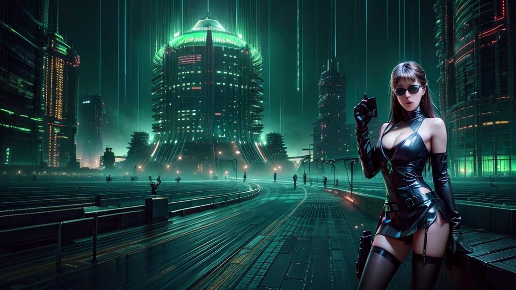 (Wide angle view). Matrix film inspired city, simple outlined neon tall buildings, glowing giant clock tower, lightning, glowing matrix cascading code, 3D rendering Beeple. At night, (1girl, solo, alone), photorealistic, large-breast slim:0.6 body, oval:0.5 face, cleavage:1.1, miniskirt, deep-v, ((upskirt)), glove, (Matrix style black micro sunglasses), ((aiming viewer with a short gun)), (half-body thigh level close-up shot), cinematic lighting, ray tracing.