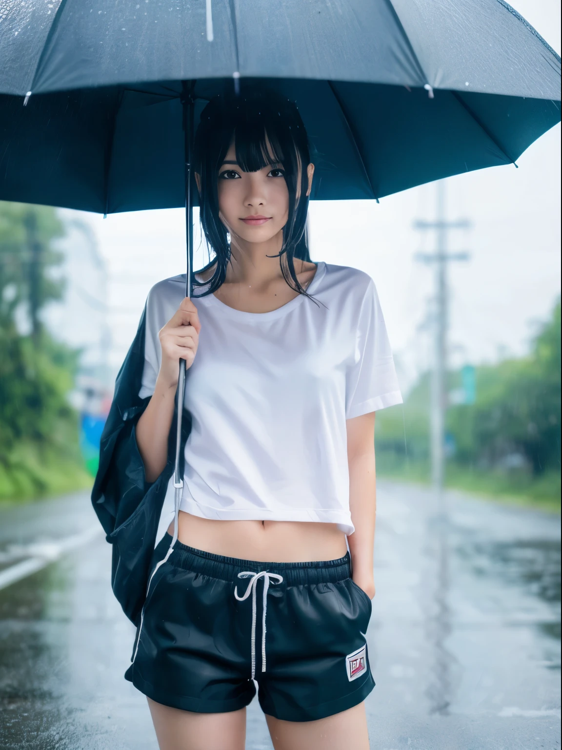 (8k, Top quality, Masterpiece:1.2), (Realistic, photo-realistic:1.37), Super detailed, perfect anatomy, cute, small eyes, 1, a Japanese, girl, without umbrella, heavy rain, wet hair, wet clothes, sweat body, shorts, soaking wet, storm, slim legs,