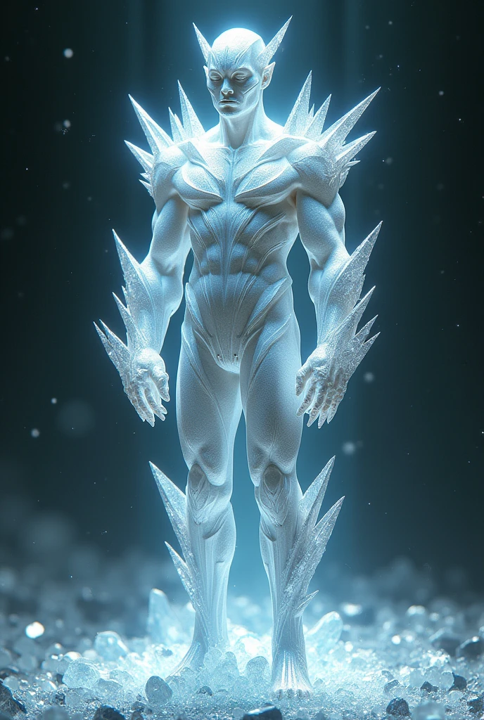 A being made of diamond, with crystals coming out of the back, brow, arms and calves