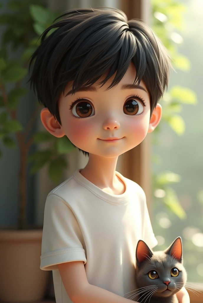 Realistic art cute boy with white ti shirt and black hair  with cat
