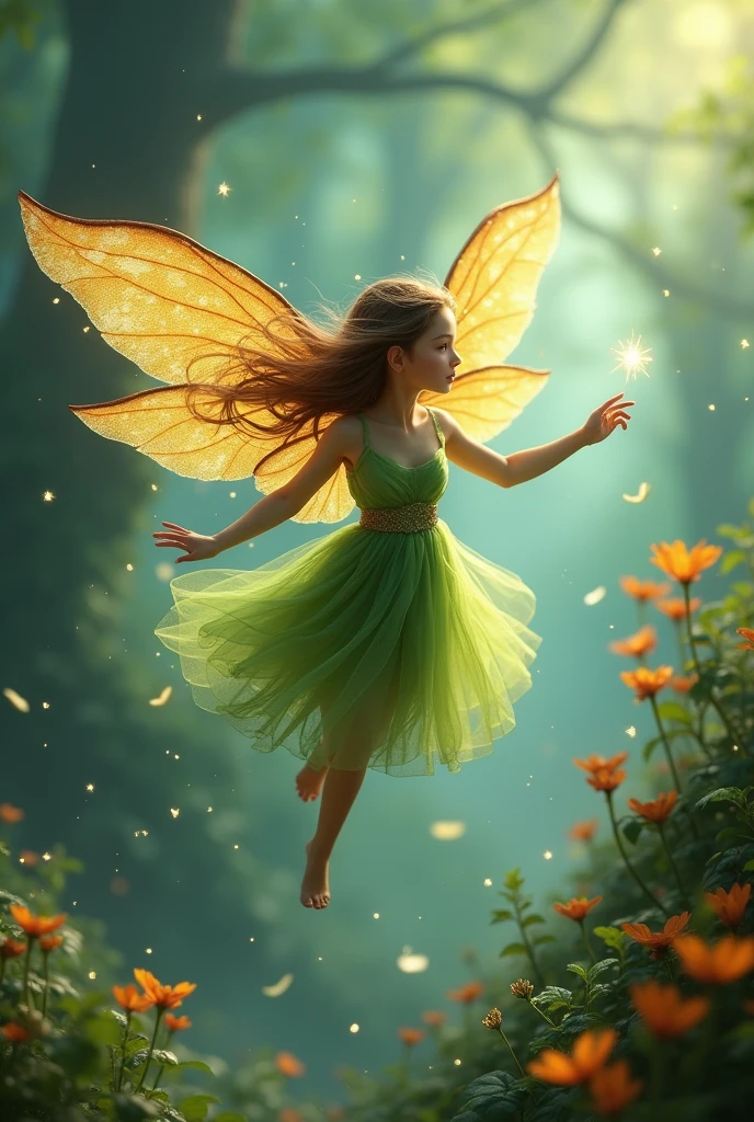 A Lilliput with brown hair having wings on her back with green dress flying with sparkle