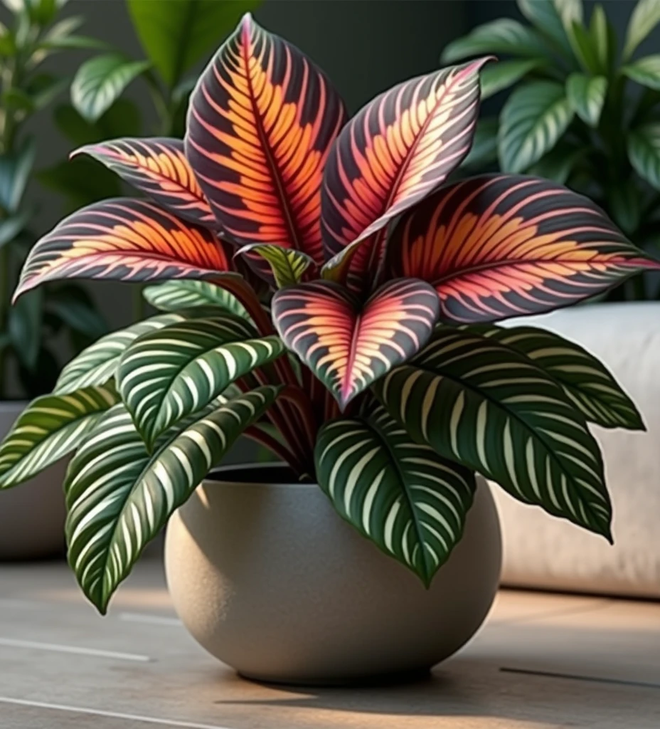 Create a vibrant and detailed image of a Calathea plant with lush, large leaves that feature intricate patterns. The leaves should have bold, dark green hues with lighter green or white stripes running parallel along the veins, creating a visually appealing contrast. Some leaves might display a subtle purple or maroon tint on the underside, adding to the plant's exotic appearance. The leaves should be broad and slightly elongated with a slightly glossy texture. Position the plant in a simple yet elegant ceramic pot, placed in a naturally lit indoor setting with soft, diffused light that highlights the unique patterns and textures of the leaves. The background should be minimalistic, perhaps with a blurred effect, to keep the focus on the Calathea's stunning foliage.
