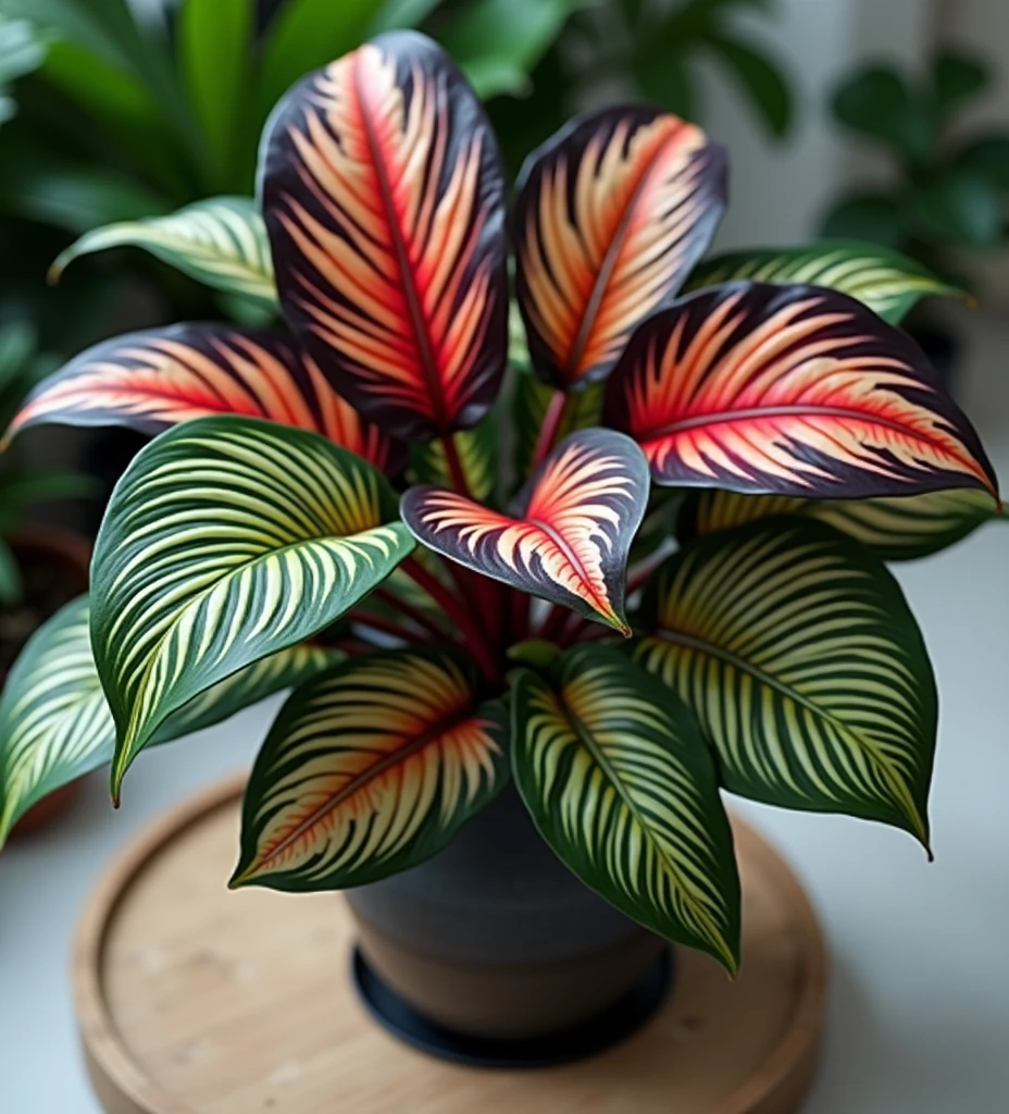 Create a vibrant and detailed image of a Calathea plant with lush, large leaves that feature intricate patterns. The leaves should have bold, dark green hues with lighter green or white stripes running parallel along the veins, creating a visually appealing contrast. Some leaves might display a subtle purple or maroon tint on the underside, adding to the plant's exotic appearance. The leaves should be broad and slightly elongated with a slightly glossy texture. Position the plant in a simple yet elegant ceramic pot, placed in a naturally lit indoor setting with soft, diffused light that highlights the unique patterns and textures of the leaves. The background should be minimalistic, perhaps with a blurred effect, to keep the focus on the Calathea's stunning foliage.