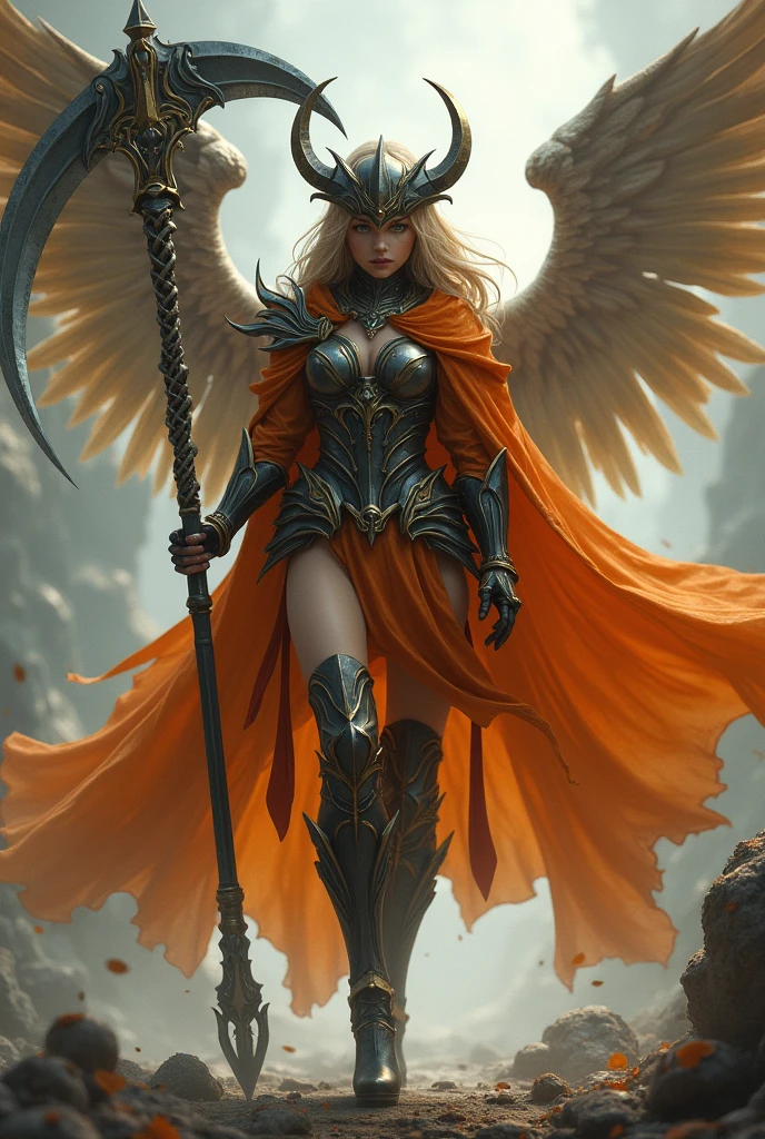 Digital art. A girl fighting with a sythe, she's using a helmet with wings, a orange cape, she's using boots with wings too.
