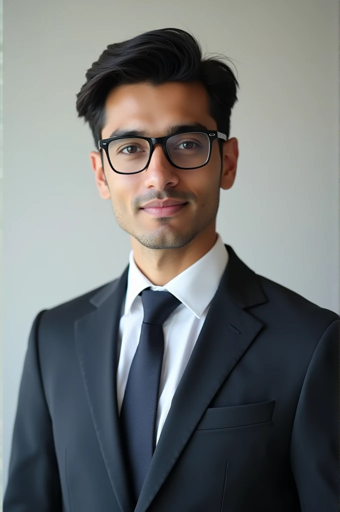 Pakistani boy with Fair skin wearing spectacles and narrow body posing for a LinkedIn picture in formals
