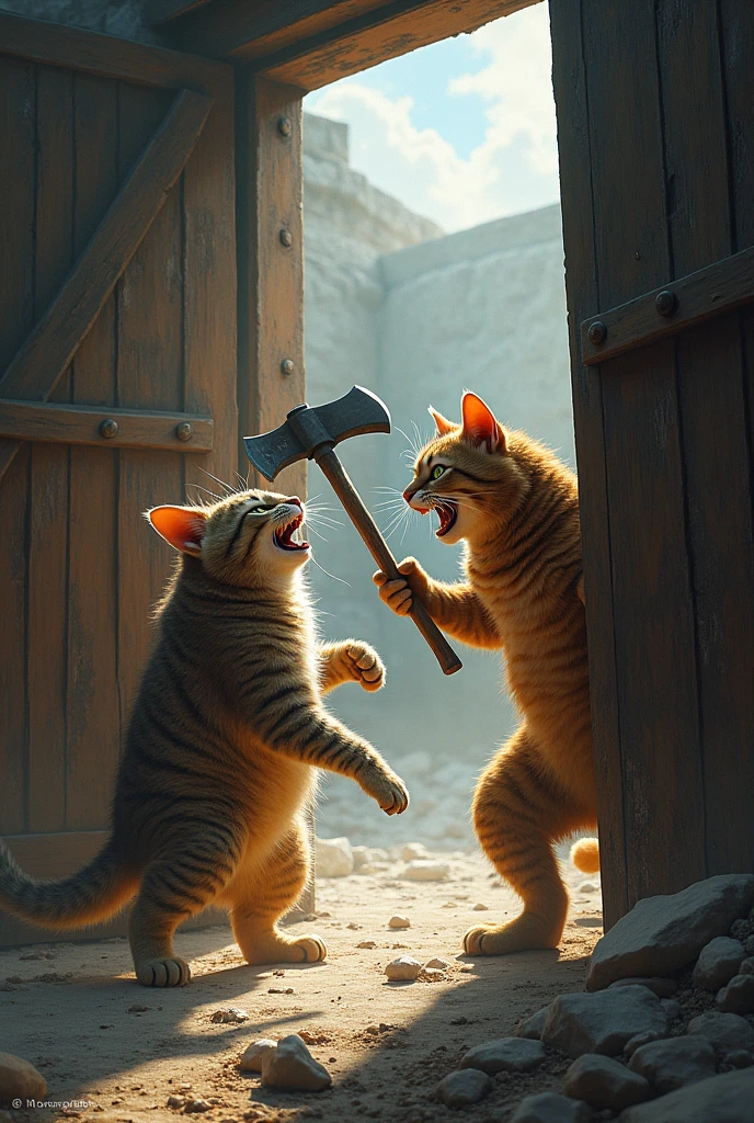 The Chainsaw Cat bursts through the fort's doors, growling and ready to attack. The father cat stands firm, clutching the axe in his paws.