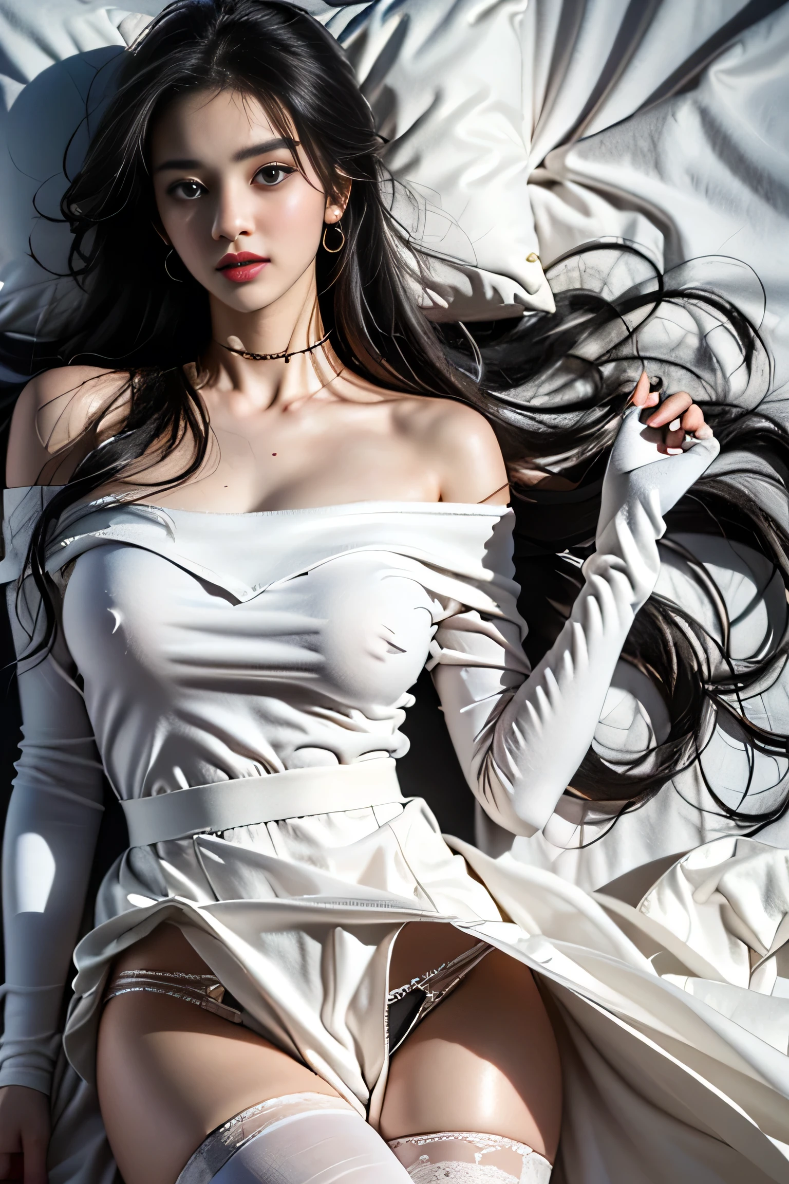 ((masterpiece:1.4)、(Highest quality:1.4)、(Real:1.7)、1、(upper arm:1.4、Upper arms:1.4)、(Perfect Anatomy:1.4)、(Perfect female body:1.4)、Full-body portrait、((Tabletop:1. 4), (Highest quality:1.4), (Real:1.7), (Woman lying in bed)、work、beautiful girl、One very beautiful child:1.4), Shining、Natural skin texture, (Perfect female body:1.4), (Perfect female body:1.4), (Perfect female body:1. ) 4), Portrait, Close-up photo, (Full body photo), Fantasy art, Soft light from the front, Beautiful expression, Cute Face, Beautiful breasts, Beautiful buttocks, Beautiful Eyes, Clear and eye-catching, Beautiful and attractive, Beautiful Eyes、 Narrow waist、RAW Photo、Red lips、((Gray Hair、Long Hair))、1 Screen Display、),((Semi-transparent off-shoulder white dress exy posture)、(Black panties are visible)、(Black Stockings)、(Laughter)、((slim、Perfect Style))、Cleavage Emphasis、(White panties are visible)