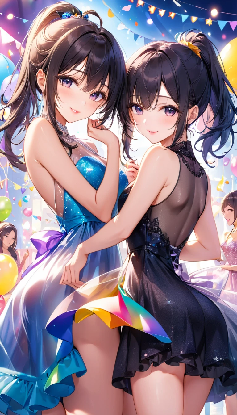 (masterpiece,Highest quality,Ultra-high resolution),Japanese women, (((Two very beautiful girls))), pretty girl、Look at the photographer、 ((Beautiful low ponytail)), Very cute face, Glossy Lips, Double eyelids on both eyes,Natural smile、 Natural Makeup, Long eyelashes, Shiny and smooth hair、, Perfect limbs, Perfect Anatomy,(((Party Dresses))、 venue,Dynamic pose,Black Hair,See through