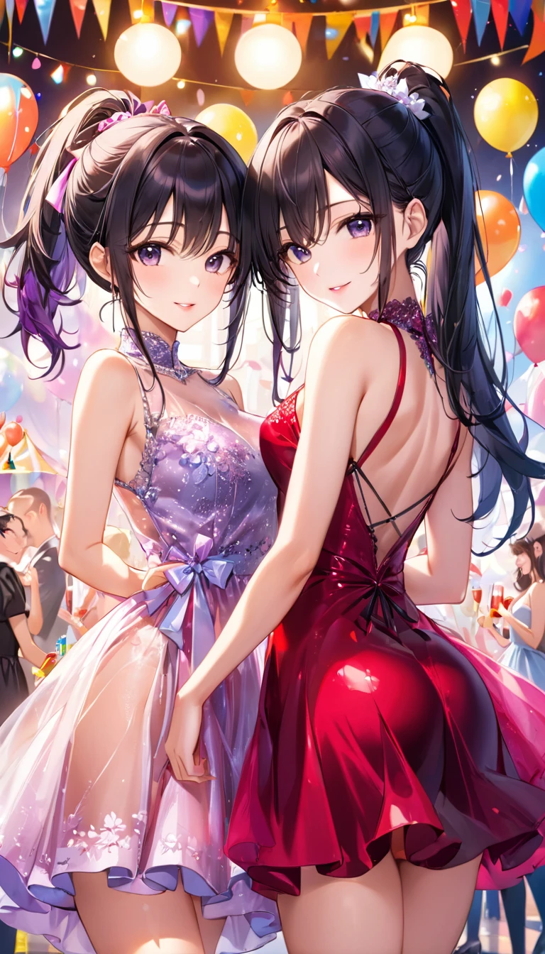 (masterpiece,Highest quality,Ultra-high resolution),Japanese women, (((Two very beautiful girls))), pretty girl、Look at the photographer、 ((Beautiful low ponytail)), Very cute face, Glossy Lips, Double eyelids on both eyes,Natural smile、 Natural Makeup, Long eyelashes, Shiny and smooth hair、, Perfect limbs, Perfect Anatomy,(((Party Dresses))、 venue,Dynamic pose,Black Hair,See through