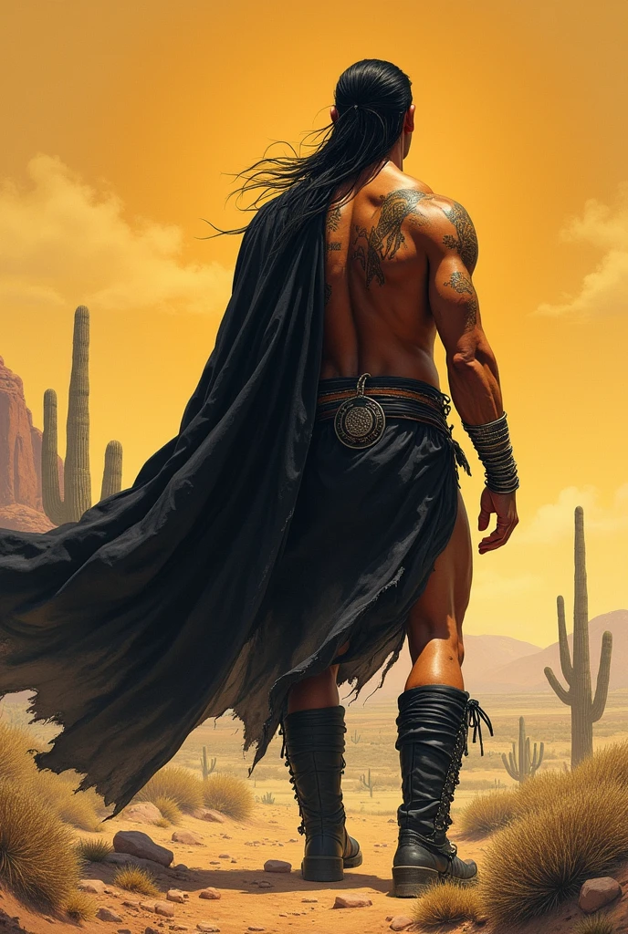 Full-body image (from behind) of a muscular, tattooed American Indian man, with a black hood and a large black cape covering his back. He has no shirt and wears a loincloth, loose black pants, high black boots and large metal bracelets on both wrists. He's in the Arizona desert, looking up at the sky. Frazetta art style.