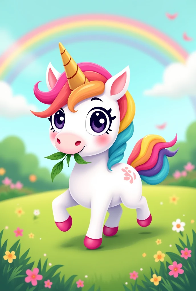 Unicorn with green grass in its mouth running on a meadow with rainbow tail rainbow mane simple cartoon style with open eyes