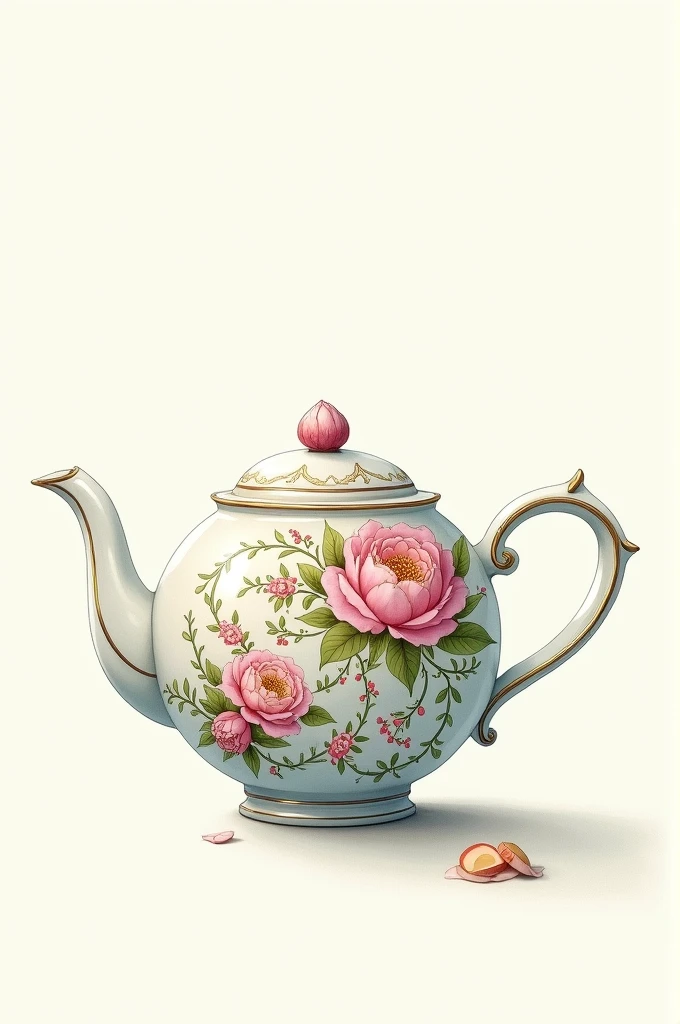 Create a quick sketch or drawing that interprets the aesthetic elements described. 
A teapot with intricate floral patterns
An abstract painting with swirling shapes
A wooden sculpture of a smiling sun
