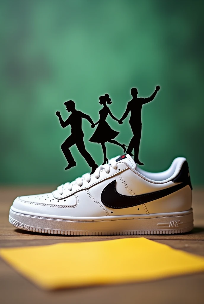 A white Nike low-top sneaker with a black swoosh, shoe laces couple is dancing on the shoe, the shoe is on a wooden surface with a piece of yellow cardboard in the foreground. The background is blurry and green. The shoe is in focus and the figure is slightly out of focus. The image is a still life