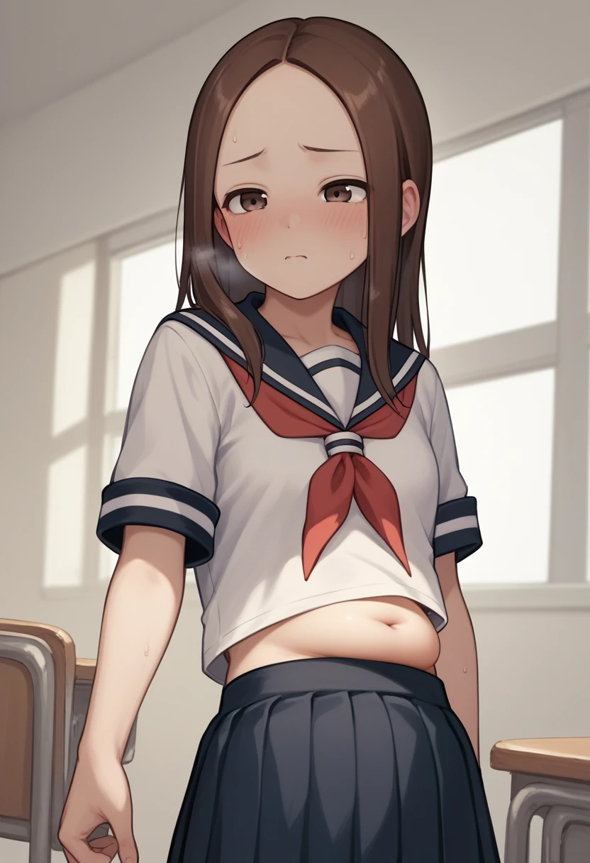 (((medium breasts))), ((best quality)), ((masterpiece)), (detailed), (((perfect face))), (((slender  teenl))), (((topless))), (((dark blue pleated skirt from waist to thighs))), ((red brown hair)), (((french braid))), ((shy:1.3)), ((blushing:1.5)), ((skinny hips)), (((bare arms))), (((bare shoulders))), (((bare stomach))), (((room with filing cabinet))), ((((girl looking away)))), (((skinny thighs))), (((knees)))