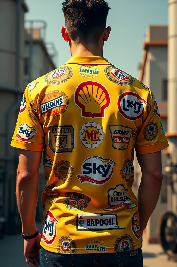 Make an image where there is a sublimated short-sleeved shirt that is related to car oils from brands like Shell., sky, Oilstone, VAT, Bapoil among others that its color palette is yellow