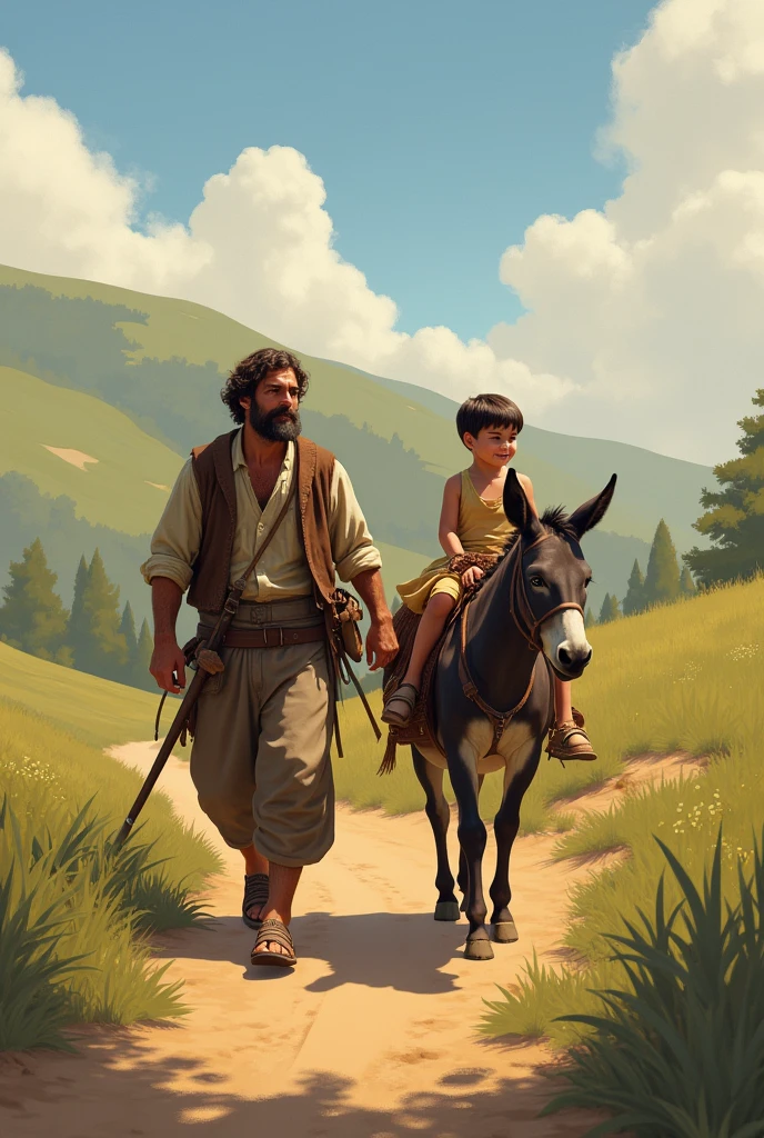 A man walks with a donkey and a boy on its back