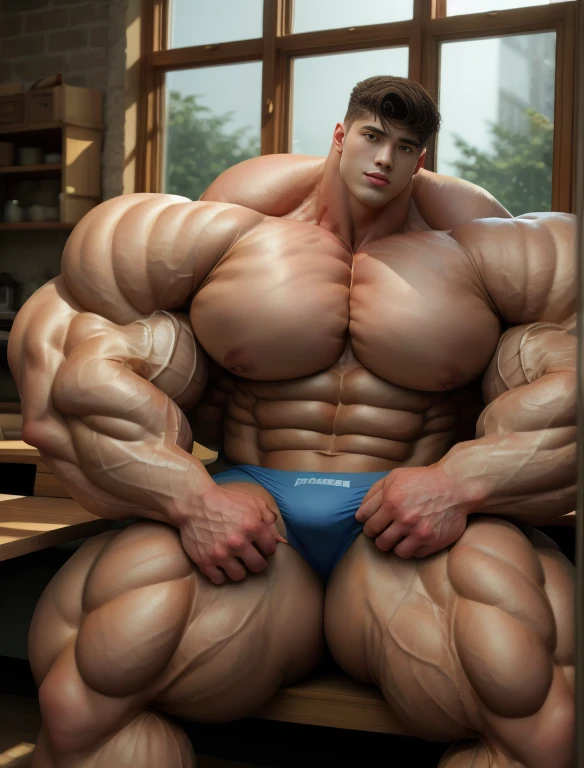 1boy, giant, asian, solo, giant bodybuilder, golden hour, strong body, bulk, large size, relax, seated at kitchen by window, indoor, nude, blue triangular underwear with enormous bulge, extraordinary big, brutalmass, giant muscular body, bulk, buff, massive body, large meaty body size, extremely wide body, tallest body