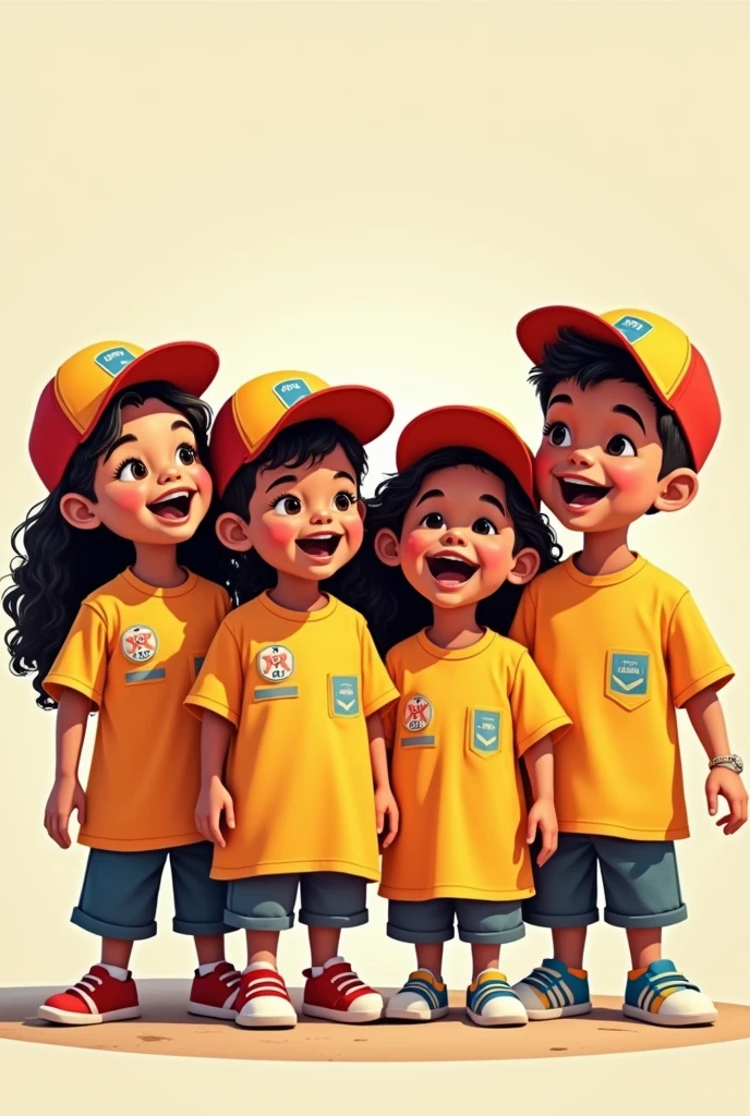 2d image of 4 latin children singing (2 boys and two girls), dressed in road safety uniform. In vectors without gradient. 