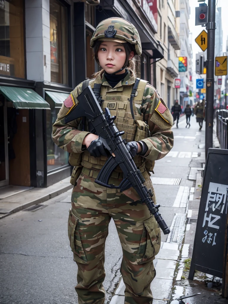 Female soldier under fire in urban warfare