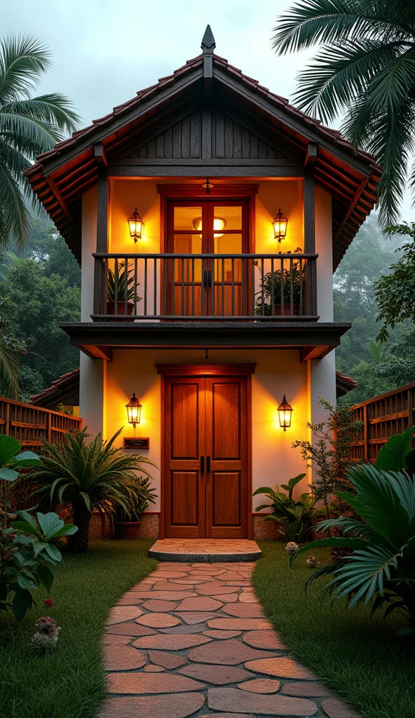 House with wooden doors and 2 balconies. warm lighting. brazilian house