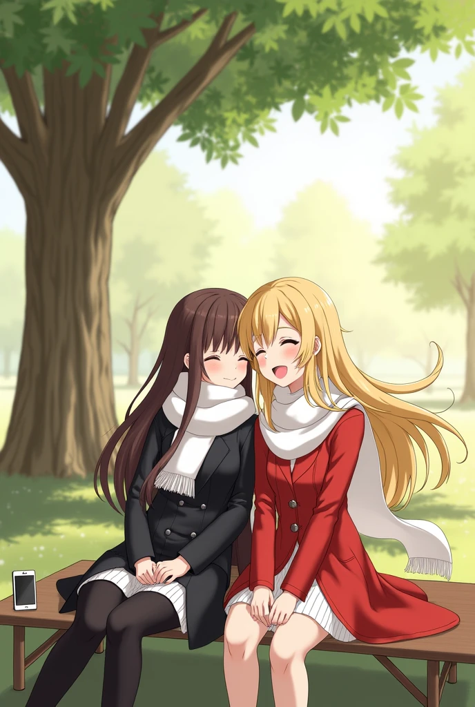 The young woman was wearing a black coat and a white scarf, her long dark brown hair covered her face, beside her was a small notebook, and there was a young woman with long golden hair wearing a bright red coat and a white scarf, and these two young women were sitting together laughing happily under a big tree in the park.
