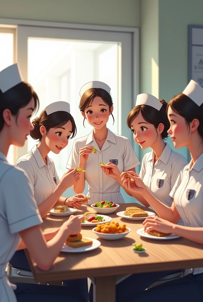 Six nurses eat food without using spoons
