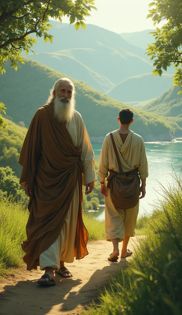 The saint and the man walking together towards the river