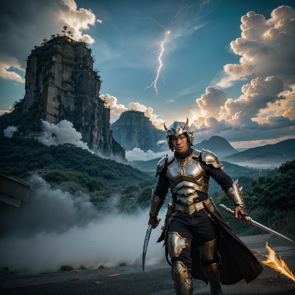 Showing handsome Indonesian youth in full HD high resolution. wearing a white armor and wings with the words "Days-Art", a war-axe tucked over his shoulder, essemble a damaged minotaur made of gold-plated titanium iron, displaying blue smoke and lightning, riding a black minoraur flying vehicle facing sideways looks out a very large portal on the side, dead city in the background