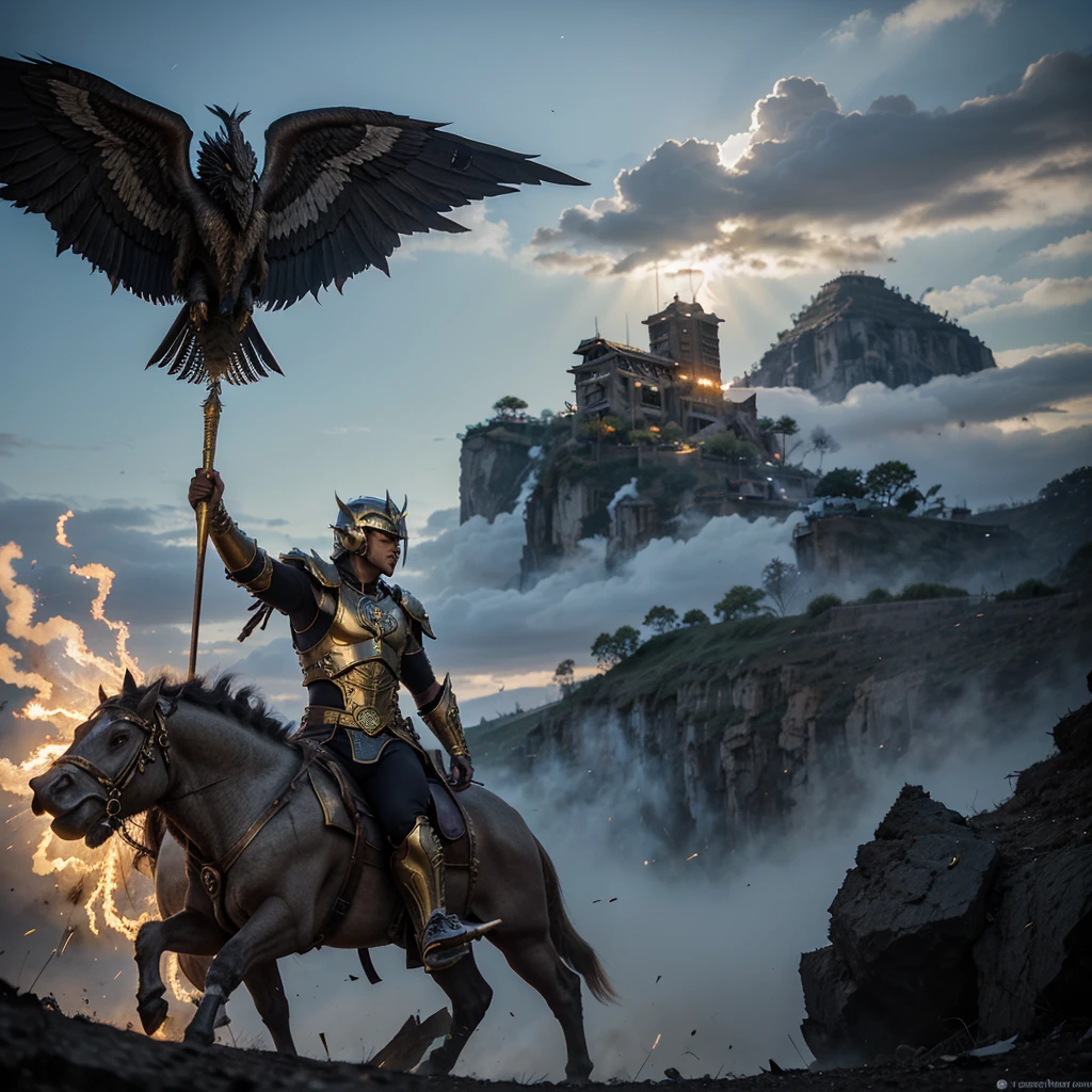 Showing handsome Indonesian youth in full HD high resolution. wearing a white armor and wings with the words "Days-Art", a war-axe tucked over his shoulder, essemble a damaged minotaur made of gold-plated titanium iron, displaying blue smoke and lightning, riding a black minoraur flying vehicle facing sideways looks out a very large portal on the side, dead city in the background